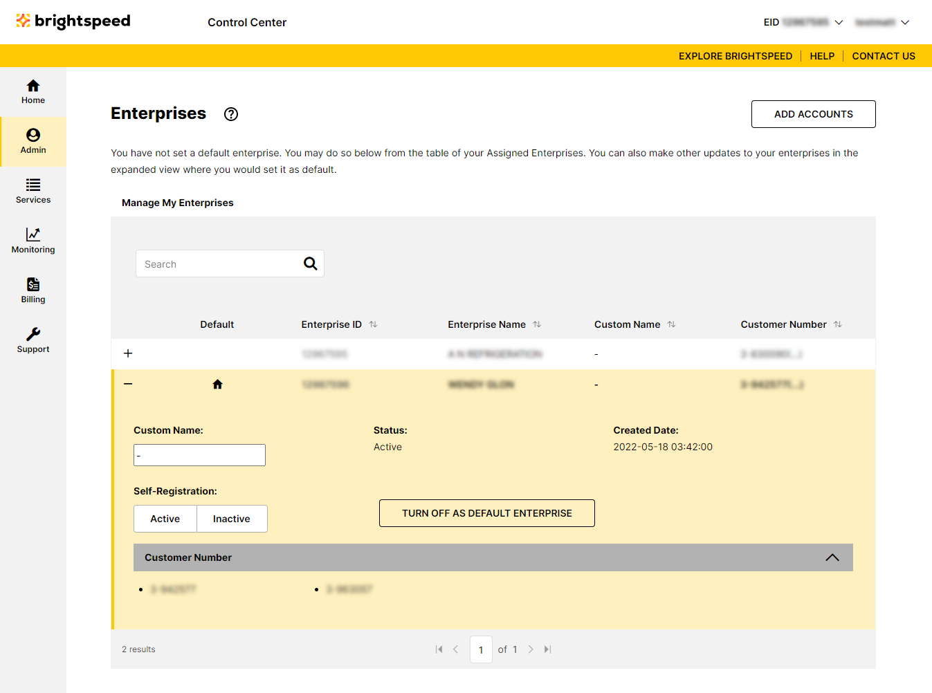 Enterprises (showing enterprise open and default enterprise selected)