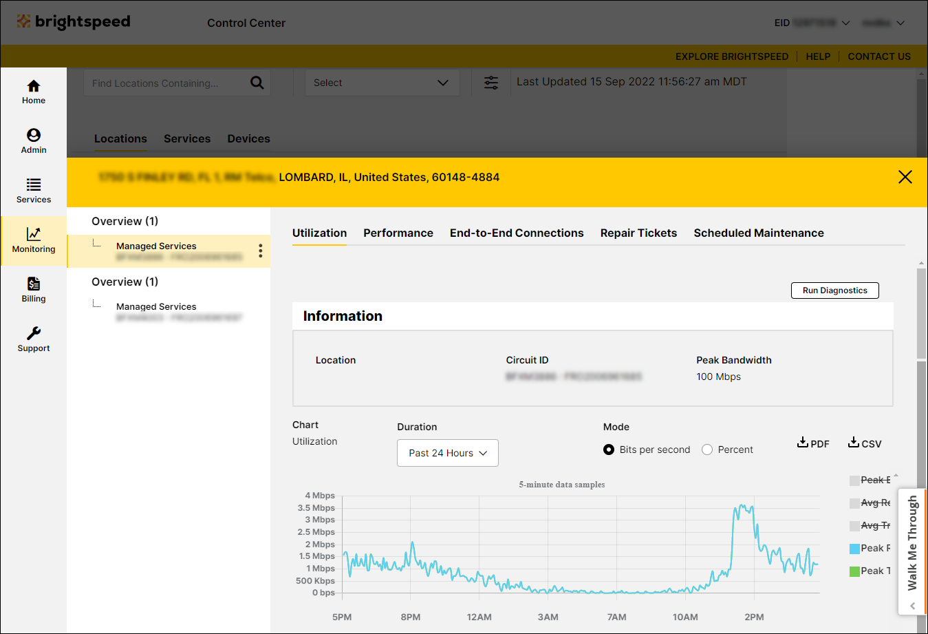 Network Visibility (showing Utilization tab for a service)