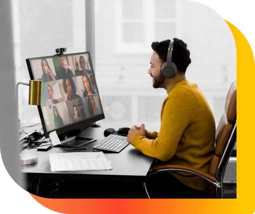  business person attending video conference with co-workers