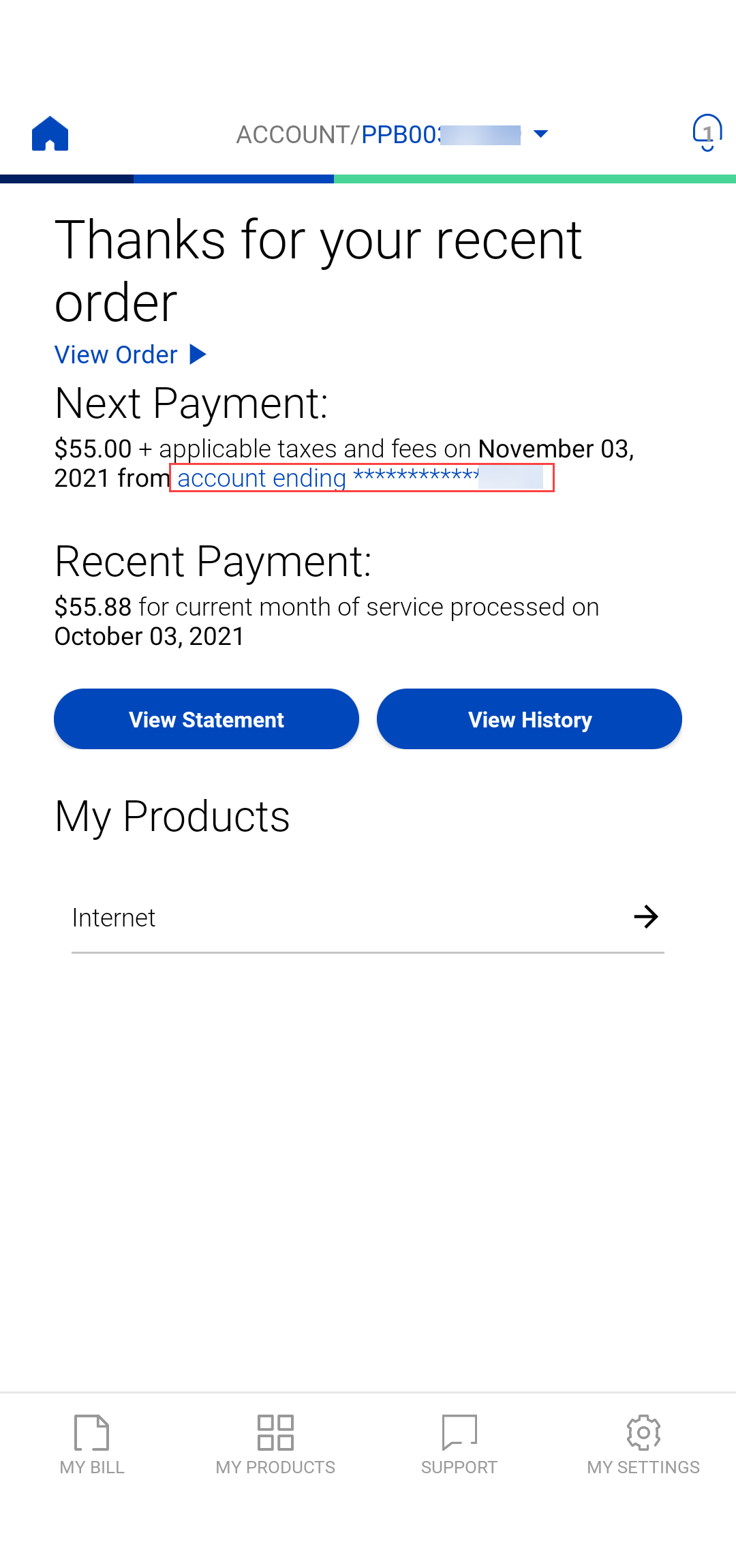 screenshot from the app of home screen for a prepaid account