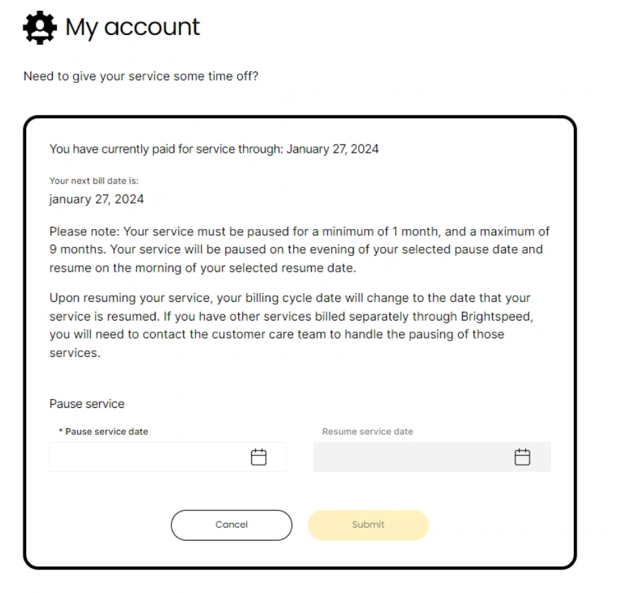 Select dates to pause your service