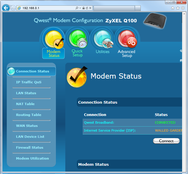 Modem Status menu blue