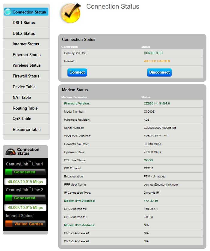 Modem status - connection status