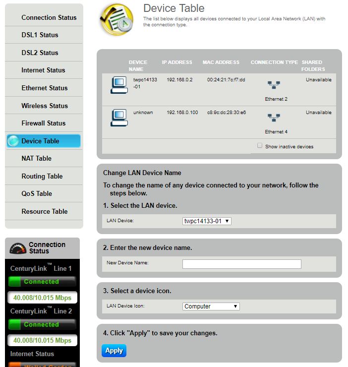 Modem status - device table