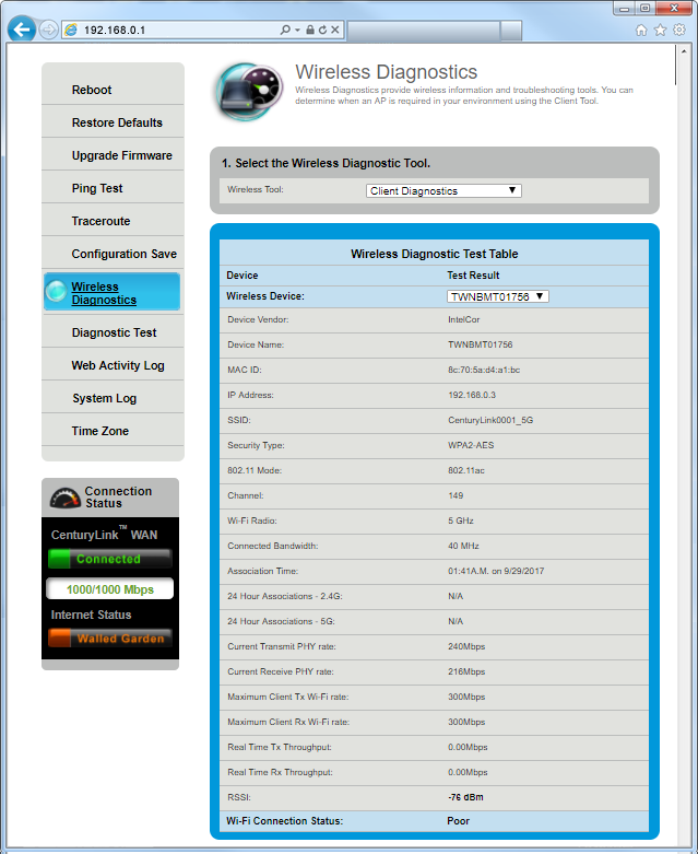 Wireless Diagnostics screenshot - Client diagnostics